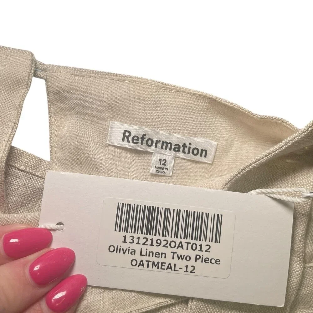 Reformation Olivia Linen Two Piece Set Size 12 NWT Oatmeal Crop Top & High Waist
